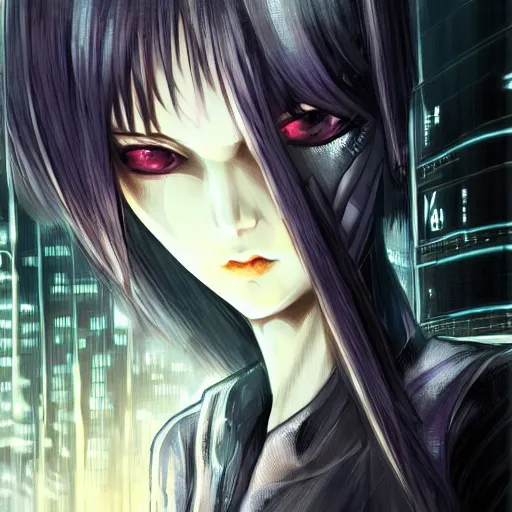 Image similar to android, killer - girl, high detail of the face, full body, close - up, 1 / 6 nihei tsutomu, style of cyberpunk, night, city,