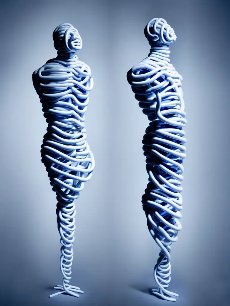 Prompt: a fine art photograph formal self sculpture by the artist kelbv, in realistic style with tubes neatly navigating the contours of his body, and disjoint body pumped full with blue and white ellipsoids, perfect studio lighting.