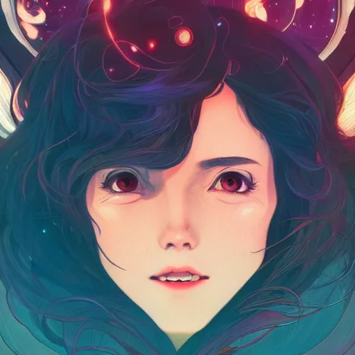 Prompt: gazing into the gorgeous face of infinity, laughing at the absurdity of it all, ambient lighting, 4 k, lois van baarle, ilya kuvshinov, rossdraws, alphonse mucha, jung gi kim, artstation