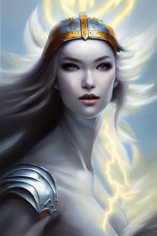 Image similar to oil painting, white, sakimi chan, detailed face, fantasy armor, flying, tony sart, wind, lightning, dramatic lighting