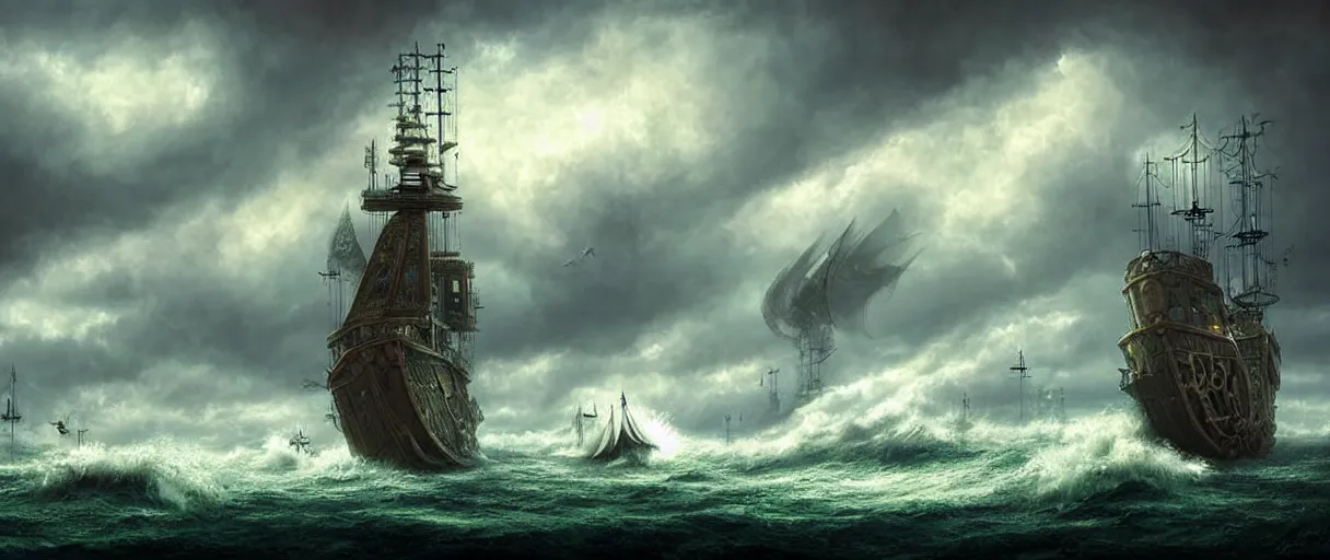 Image similar to steampunk cruising ship sailing at sunny day, giant waves, fluffy volumetric storms, nice huge insane godrays, god helping mystic soul by, gediminas pranckevicius