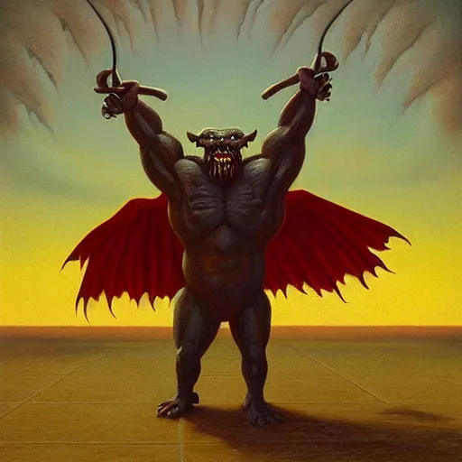 Prompt: composed, offhand by jacek yerka, by jeffrey t. larson. land art. a large, muscular demon - like creature with wings, standing in a dark, hellish landscape. the creature has red eyes & sharp teeth, & is holding a large sword in one hand.