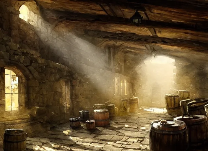 Prompt: watercolor painting of rustic ruin cellar, wooden crates, barrels, stone walls, lantern, very beautiful ambient lighting, sun rays, dust, art by anders zorn, wonderful masterpiece by greg rutkowski, cinematic light, american romanticism by greg manchess, creation by tyler edlin