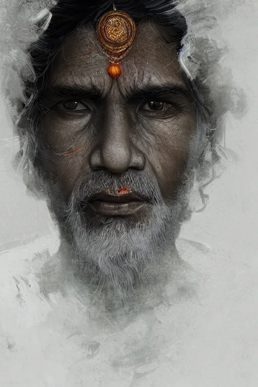 Image similar to hindu priest, close - up portrait, devoted, intricate, elegant, volumetric lighting, scenery, digital painting, highly detailed, artstation, sharp focus, illustration, concept art, ruan jia, steve mccurry