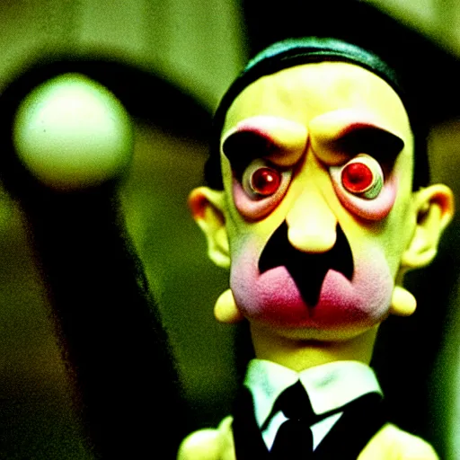 Image similar to claymation hitler as a pokemon by jan svankmajer, hyperrealistic, very detailed, tim burton, 3 5 mm film still, gothic, horror, eldritch