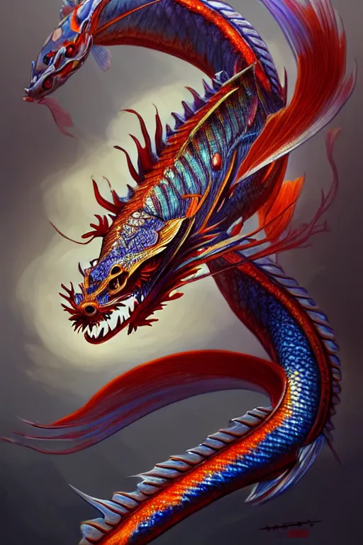 Image similar to a fish with a beautiful fin, chinese dragon concept art, d & d, highly detailed, digital painting, artstation, sharp focus, illustration, art by tan zi and ayanamikodon and alphonse mucha and wlop