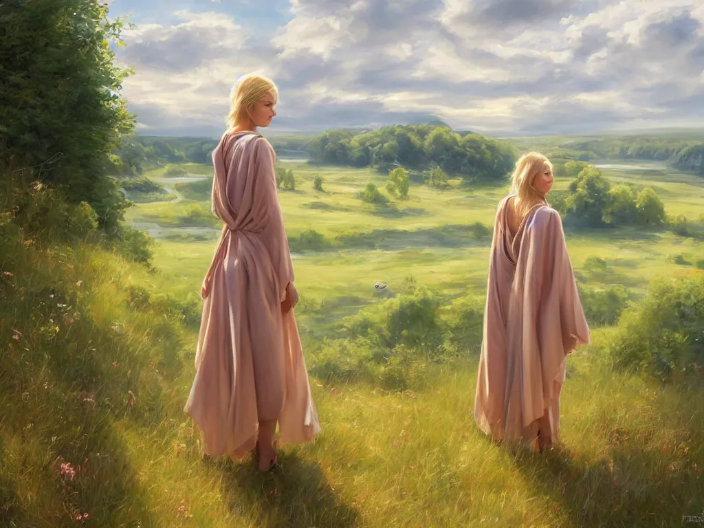 Prompt: blonde female jedi, Swedish countryside, landscape view, archipelago, painting by Vladimir Volegov, wlop, artstation