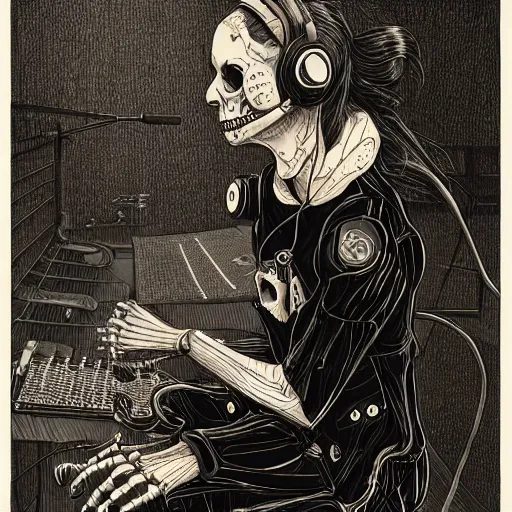 Image similar to skeleton wearing headphones, watching girl playing guitar while her black cat standing next to her, detailed intricate ink illustration, dark atmosphere, detailed illustration, hd, 4k, digital art, overdetailed art, by greg rutkowski, by loish, complementing colors, Trending on artstation