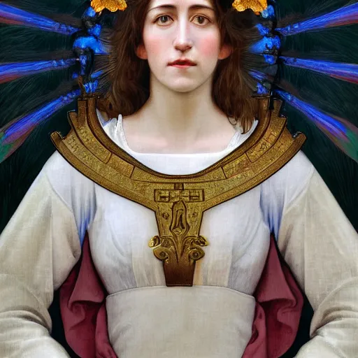 Image similar to portrait of charlotte gainsbourg as joan of arc, hyperreal digital painting, iconography influenced by alphonse mucha and eugene delacroix, arstation and deviantart trends, high resolution 8 k