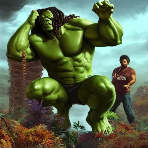 Image similar to snoop dog as hulk fights giant ganja plant, highly detailed, concept art, art by wlop and artgerm and greg rutkowski, masterpiece, trending on artstation, 8 k