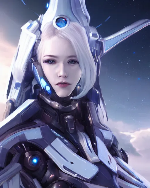 Image similar to perfect android girl on a mothership, warframe armor, beautiful face, scifi, futuristic, galaxy, nebula, raytracing, dreamy, long white hair, blue cyborg eyes, sharp focus, cinematic lighting, highly detailed, artstation, divine, by gauthier leblanc, kazuya takahashi, huifeng huang