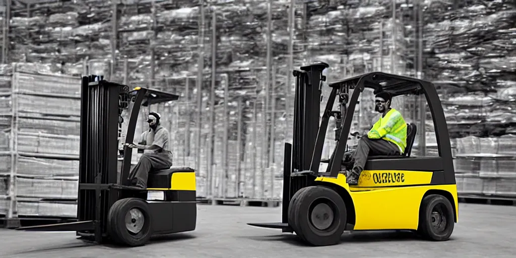 Prompt: funny forklift operator with a vr headset