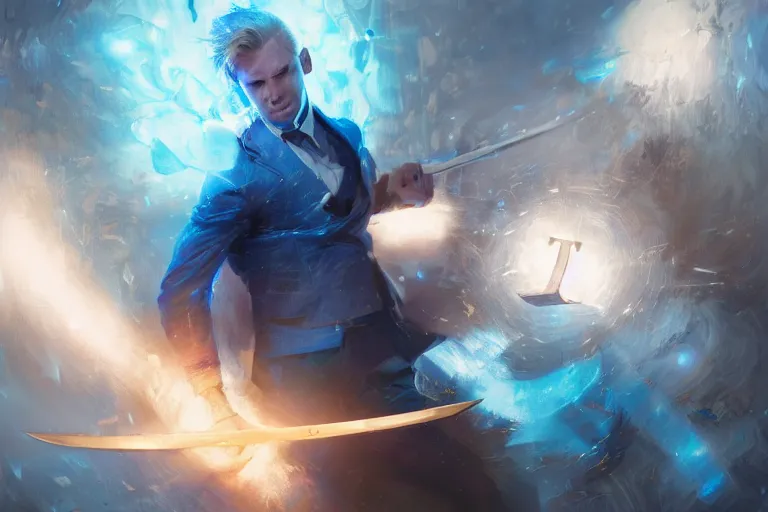 Prompt: a blond man in a blue suit swinging a sword against a fighter with a rune blade and no armor, d & d, heartstone, digital painting, volumetric light, intricate, sharp, focus, bloom, illustration, highly detailed, concept art, matte, ruan jia, randy vargas, greg rutkowski