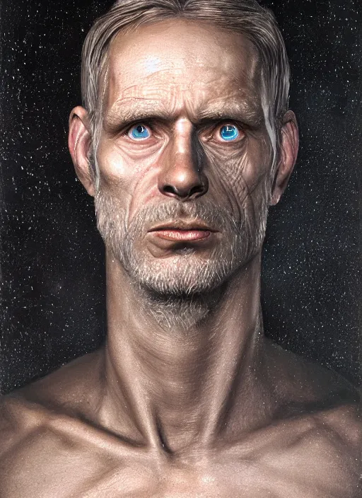 Prompt: portrait of the engineer from prometheus. iceland black sand background. by anne stokes and larry elmore, smooth shaven face, lucian freud and drew struzan, detailed matte painting, realistic portrait, symmetrical, highly detailed, digital painting, artstation, concept art, smooth, sharp focus, illustration, cinematic lighting, 8 k resolution