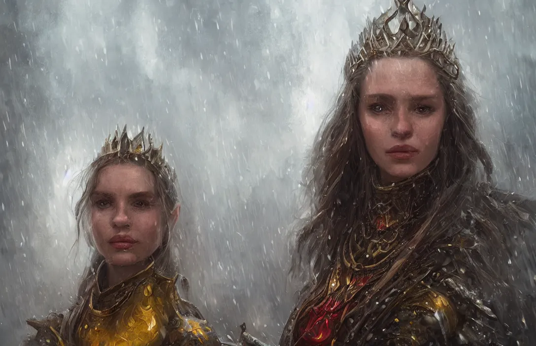 Image similar to a realistic detail portrait of a beautiful queen in middle earth, raining, thunder, magic, dragon, oil painting by Julian calle, wlop, greg rutkowski, Finnian MacManus, Trending on artstation, red and yellow scheme, 8k, RE Engine