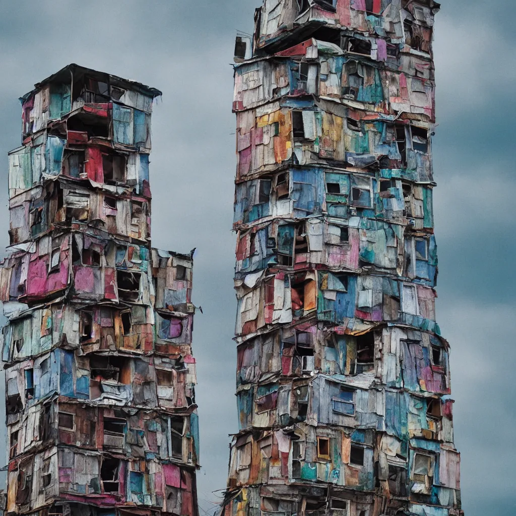 Prompt: close - up view of a tower made up of colourful makeshift squatter shacks, faded colours, plain off white sky, hasselblad x 1 d, very detailed, photographed by cristina de middel