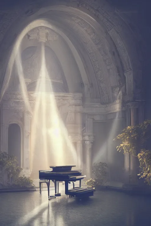 Image similar to Mac Miller playing the piano in the middle of a marble palace in Heaven, Halo, RIP, Heavenly, Divinity, waterfalls, beams of golden light, Hope, Ethereal, Symmetry, environment concept, Atmospheric Lighting, artstation trending, ladders, angelic, Rendered in Octane, trending on artstation, cgsociety, moody lighting rendered by octane engine, environment 8K artstation, cinematic lighting, intricate details, 4k detail post processing, hyperrealistic, ultra detailed cinematic