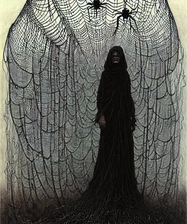 Prompt: a woman standing all covered in spiders. illustration of arachnophobia, fear of spiders, incredible amount of spiders and bugs. extremely high details, realistic, horror, creepy, web, masterpiece, art by zdzislaw beksinski, arthur rackham, dariusz zawadzki