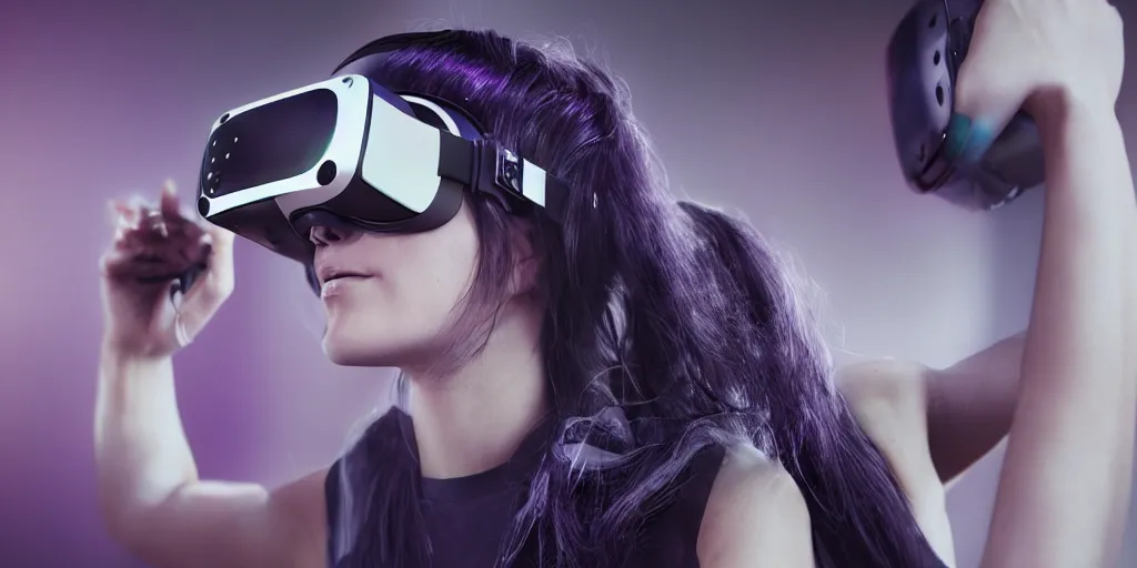 Prompt: female wearing virtual reality headset cyberpunk photorealistic