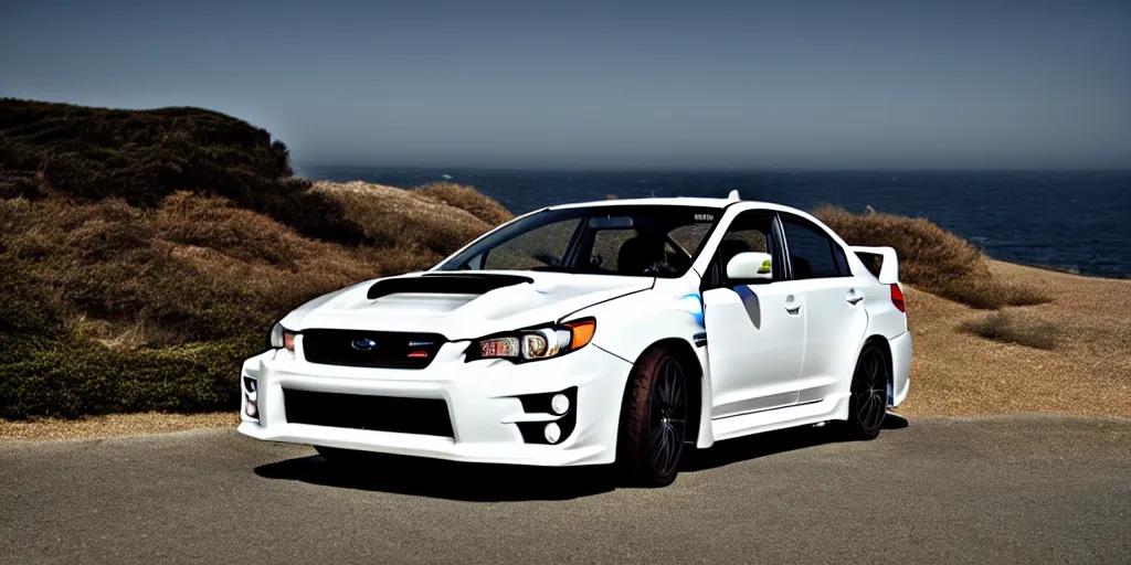 Image similar to photograph, 2011 Subaru WRX STi, hatchback, cinematic, california coast, ocean view, 8k, depth of field, bokeh.