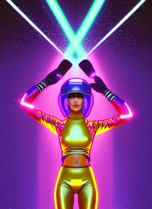 Prompt: symmetry!! portrait of side!! of a 9 0 s aerobic character with soda pop helmet and golden stripe spandex, disco glitterly laser beams, fantasy, glowing lights!! intricate, elegant, highly detailed, digital painting, artstation, concept art, smooth, sharp focus, illustration, art by julian del rey and greg rutkowski