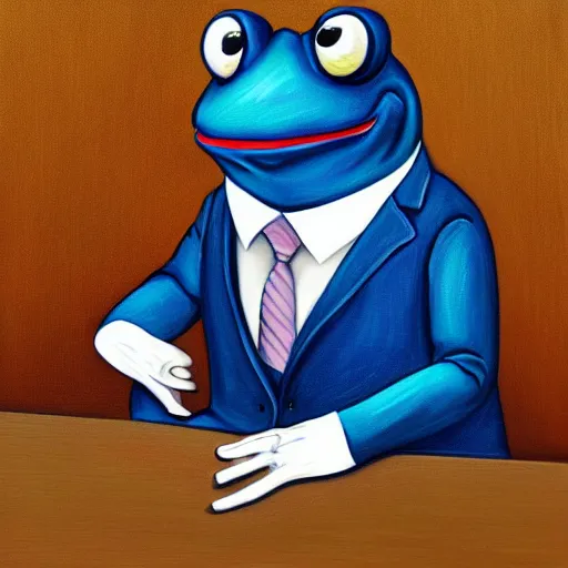 Image similar to a portrait painting of an anthropomorphic blue frog wearing a suit sitting in an office, very detailed, very intricate,