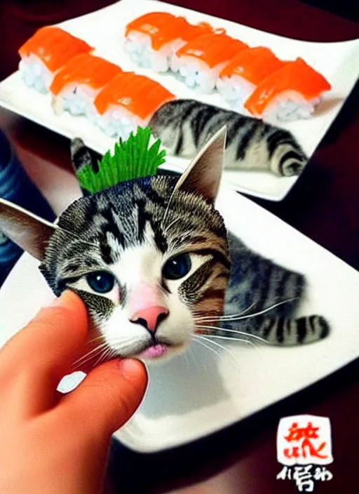 Image similar to clear photorealistic picture of adorable cats made out of sushi