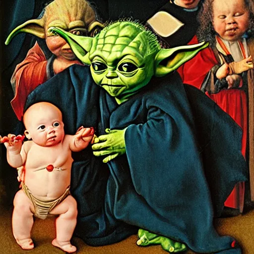Prompt: confused baby yoda surrounded by dancers, by Jan van Eyck