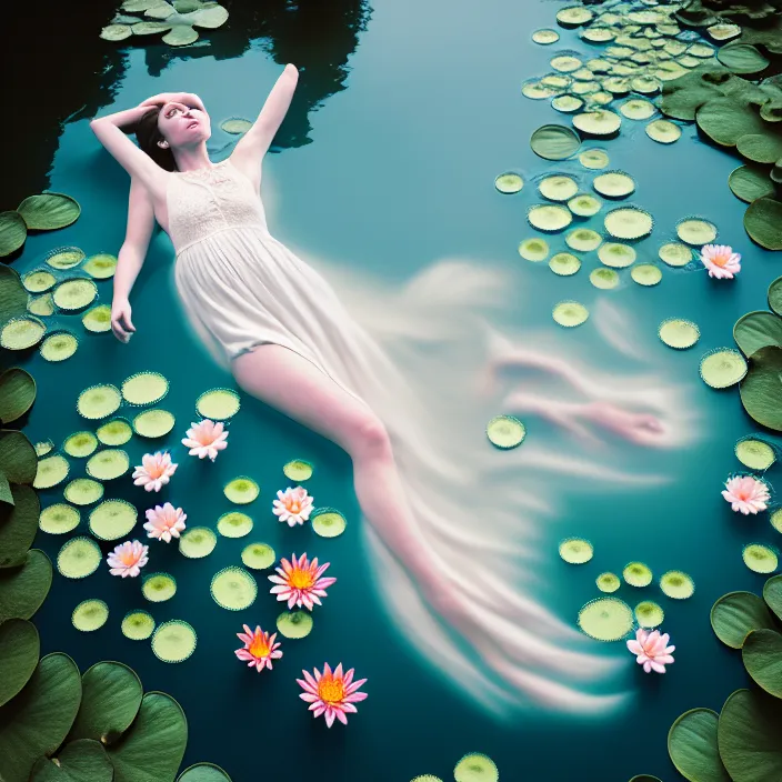 Prompt: Kodak Portra 400, 8K, soft light, volumetric lighting, highly detailed, britt marling style 3/4 of a woman floating in water surrounded by lily pads, half face in the water, julie dillon, a beautiful lace dress and hair are intricate with highly detailed realistic beautiful flowers , Realistic, Refined, Highly Detailed, natural outdoor soft pastel lighting colors scheme, outdoor fine art photography, Hyper realistic, photo realistic