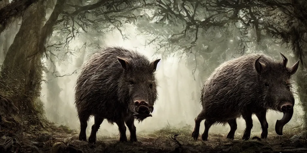 Prompt: giant wild boar with bloody eyes and many tusks, in dark woods, dim colors, forest, highly detailed illustration, masterpiece, fantasy, magical, hyperdetailed, realistic, witch fairytale, 4 k, 8 k, highly detailed matte painting, dungeons and dragons