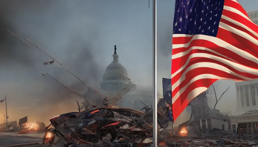 Prompt: torn dirty american pole flag in destroyed washington dc, lights, volumetric light, hyperdetailed, artstation, cgsociety, 8 k