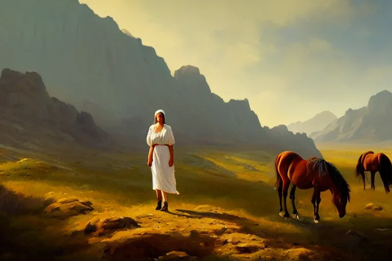 Prompt: scenic western mountain landscape with wild horses and a woman in a long white traditional dress, albert aublet, oil on canvas, beautifully lit, artstation