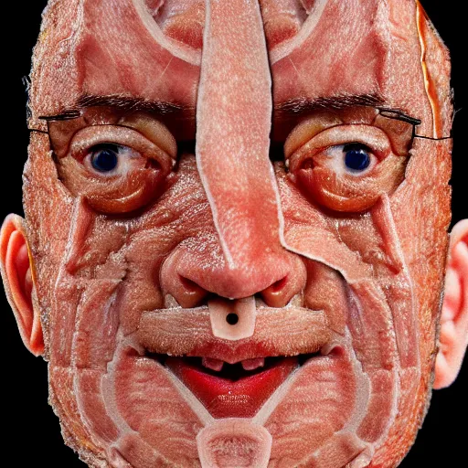 Prompt: a face made of ham slices made of tom hanks, 8 k, trending on artstation, 8 0 mm photography, hyperrealistic