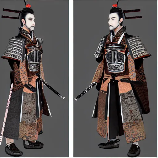 Image similar to Full body profile of Male Victorian Gothic Samurai Genshin Impact character, hd, intricate,8k, digital art