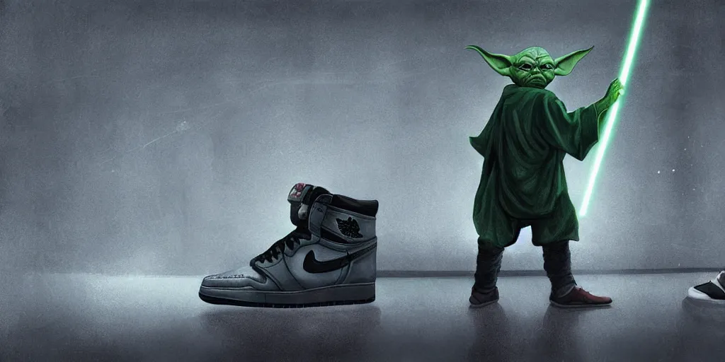 Image similar to Master Yoda gazing his air jordan 1 sneakers in awe in an empty basketball court in New York in the middle of the christmas night, highly detailed, digital painting, artstation, concept art, smooth, sharp focus, illustration