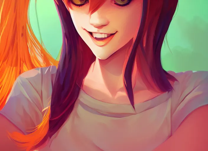 Image similar to portrait of a beautiful smiling girl with orange hair and freckles, green eyes, highly detailed, digital painting, concept art, smooth, sharp, focus, illustration. background is purple, anime key visual, lois van baarle, ilya kuvshinov, rossdraws, artstation