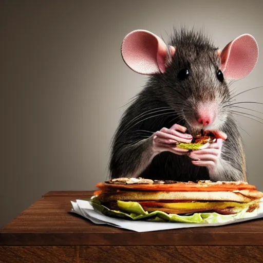 Prompt: an anthropomorphic rat!!!!! sitting at a desk, eating a burger, photorealism, 4 k, 8 k, shot by jimmy nelson, intricate