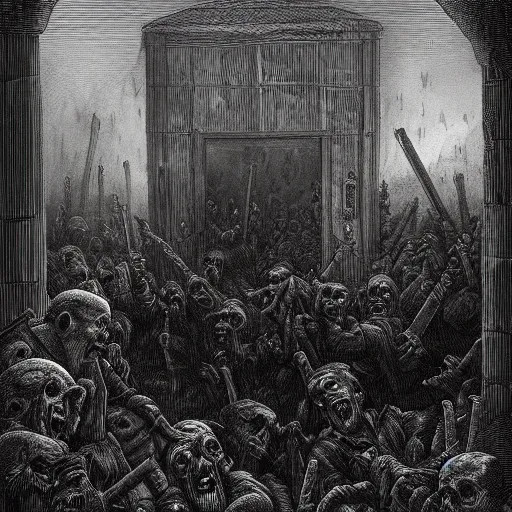 Image similar to nine steel barrels in a graveyard full of zombies, creepy atmosphere, dark, portrait, realistic, illustration by gustave dore