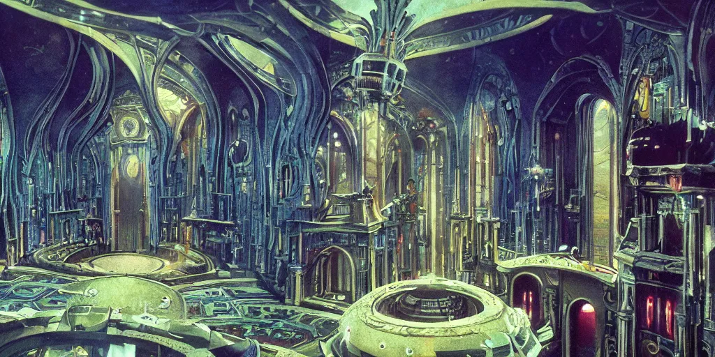 Prompt: cinematic shot of the interior of a sci-fi space station with ornate Elven architecture, epic castle, Roger Dean, Chris Foss