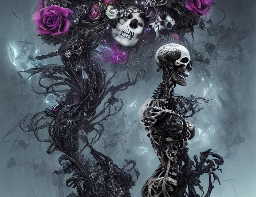 Image similar to a chaotic goddess of death skeleton as a heroine, intricate, elegant skull black rose s day of the dead atmospheric, dramatic, Trending on artstation. augmentations and cybernetic enhancements neon circuits, greg rutkowski , hyperrealist, cinema4D, 8k highly detailed