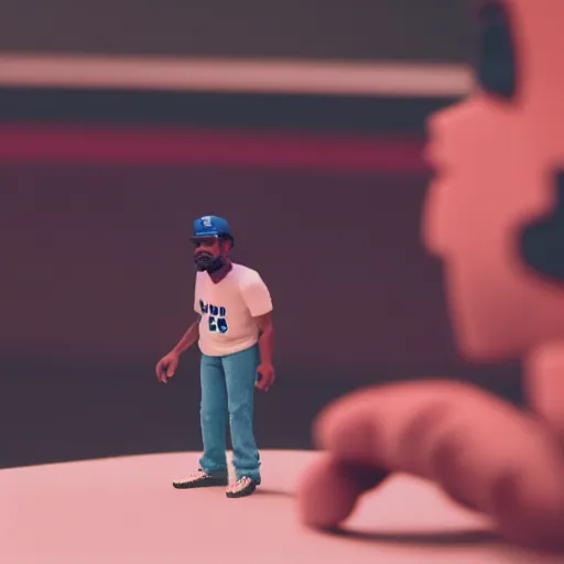 Image similar to a cinematic film still of a claymation stop motion film starring chance the rapper as a college student, shallow depth of field, 8 0 mm, f 1. 8