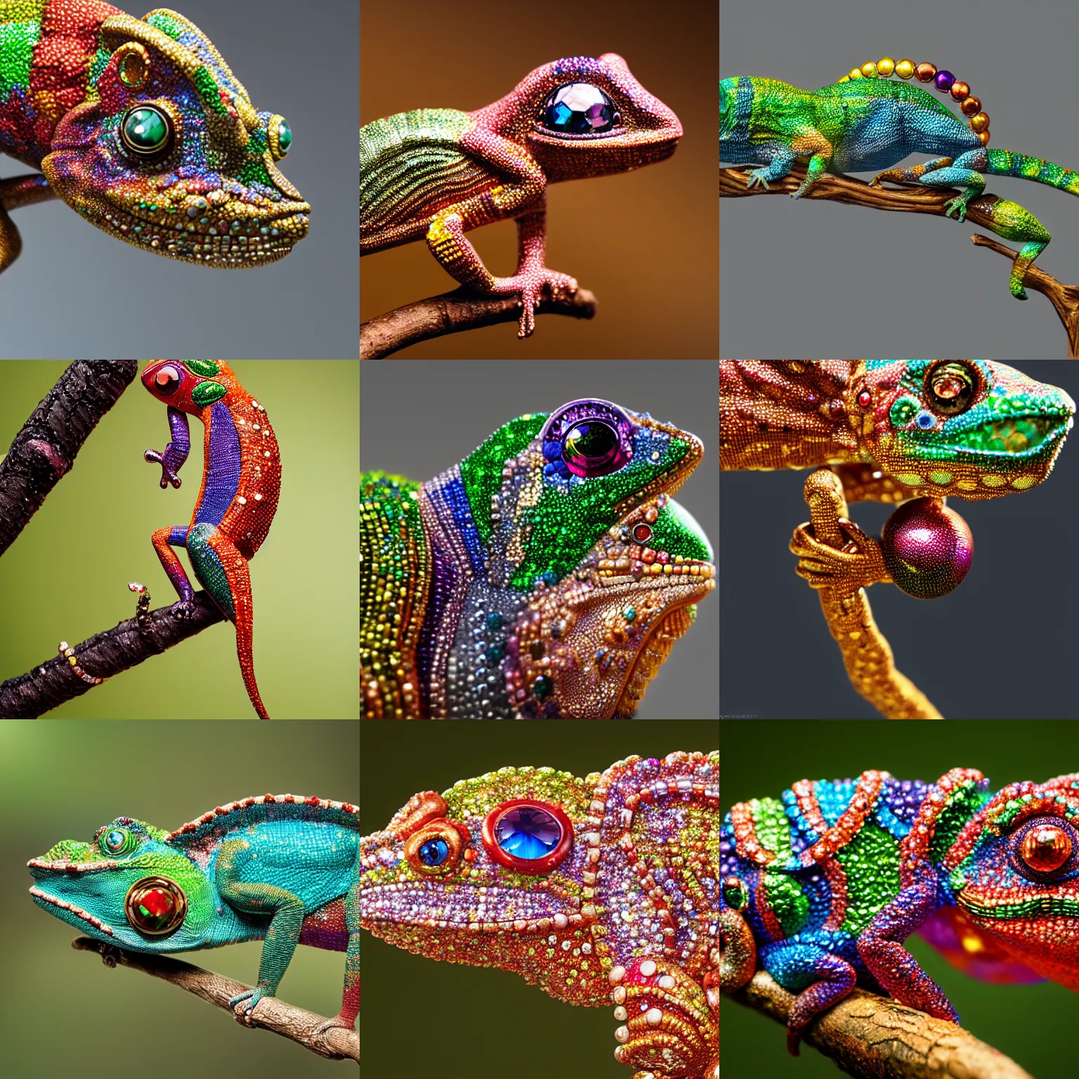 Prompt: chameleon made of jewels and gemstones, on a branch, trending on artstation, colorful, intricate, close - up, photorealistic, unreal 5 engine, dlsr, bokeh