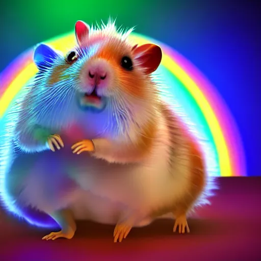 Image similar to hamster with rainbow fur in a cyberpunk city with bright neon lights, 8 k, hd, light reflection