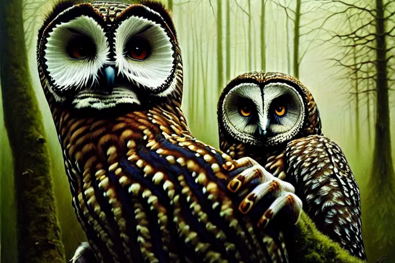 Prompt: photo, owls and coatis scene, woodland location, stefan kostic and david cronenberg, realistic, sharp focus, 8 k high definition, intricate, chiaroscuro, elegant, perfect faces, symmetrical face, extremely detailed, hypnotic eyes, realistic, fantasy art, masterpiece zdzislaw beksinski, artgerm