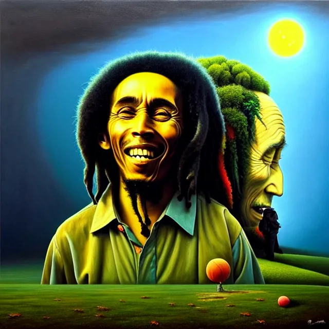 Image similar to gediminas pranckevicius an oil on canvas portrait painting of bob marley with john lennon, surrealism, surrealist, cosmic horror, rob gonsalves, high detail, hole space time warp zica