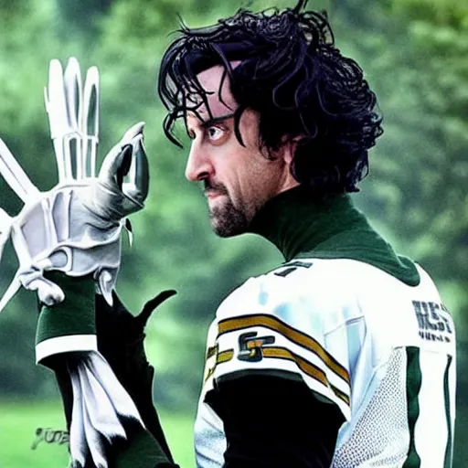 Image similar to first still from new movie has aaron rodgers as edward scissorhands in edward scissorhands remake, ( eos 5 ds r, iso 1 0 0, f / 8, 1 / 1 2 5, 8 4 mm, postprocessed, crisp face, facial features )