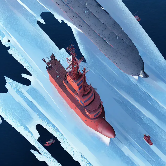 Prompt: A little bird's flight over an insanely huge icebreaker-fortress sailing across an icy cold ocean. Art by Finnian MacManus, Simon Stalenhag, Arthur Rackham. Masterpiece, cinematic, hyperdetailed, photorealistic, hyperrealism, octane rendering, 8k, aerial view.