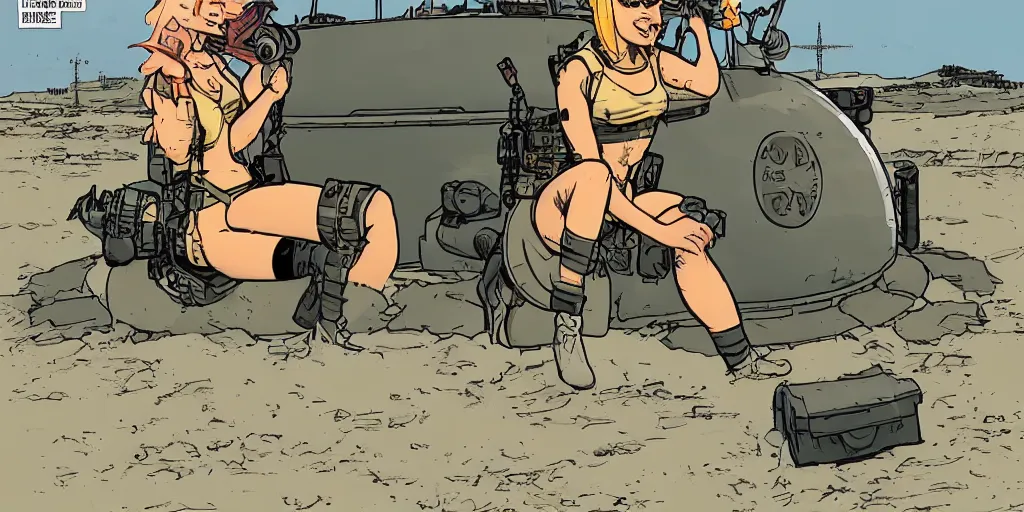 Prompt: tank girl sitting on top of the tank, holding a granite luncher. smiling. laurie greasley,