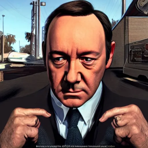 Image similar to Kevin Spacey in the GTA 5 cover, highly detailed award-winning masterpiece with incredible and beautiful details, trending on ArtStation