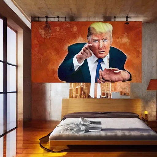 Prompt: mural of Donald Trump on the wall of a modern loft, beautiful architecture, popular interior design style